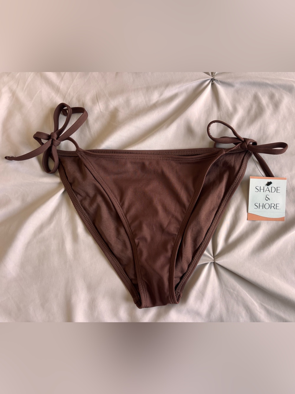 Shade & Shore Brown Tie-Side Cheeky Low Rise Bikini Bottom Ribbed Small NWT